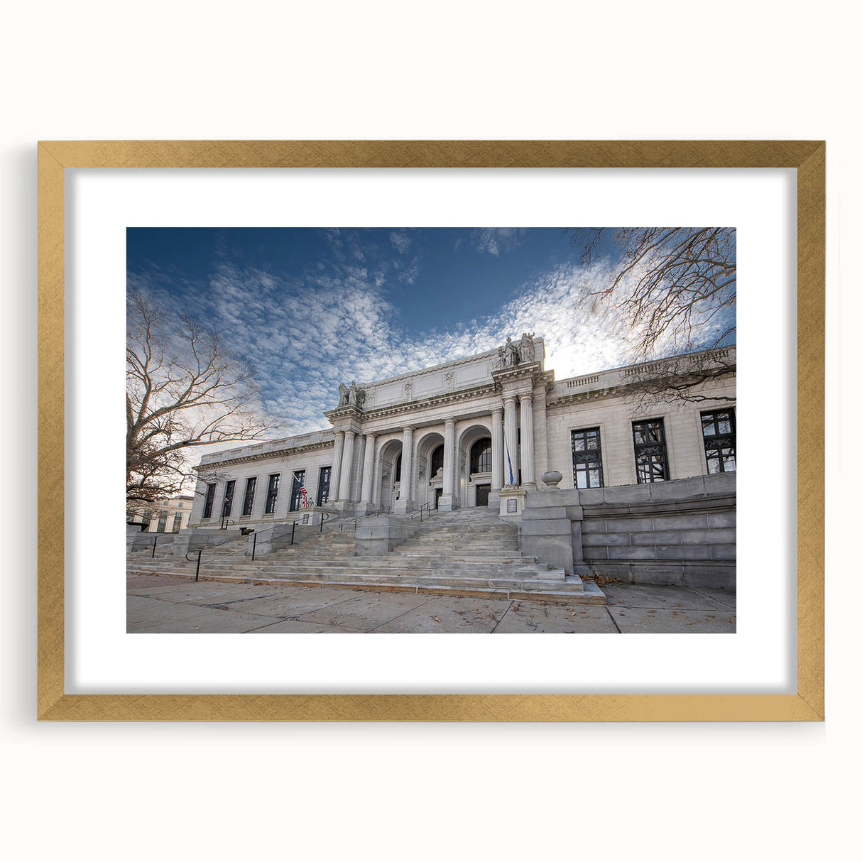Extra large abstract art print of Connecticut scenery in muted earth tones, framed in gold, ideal for living room decor.