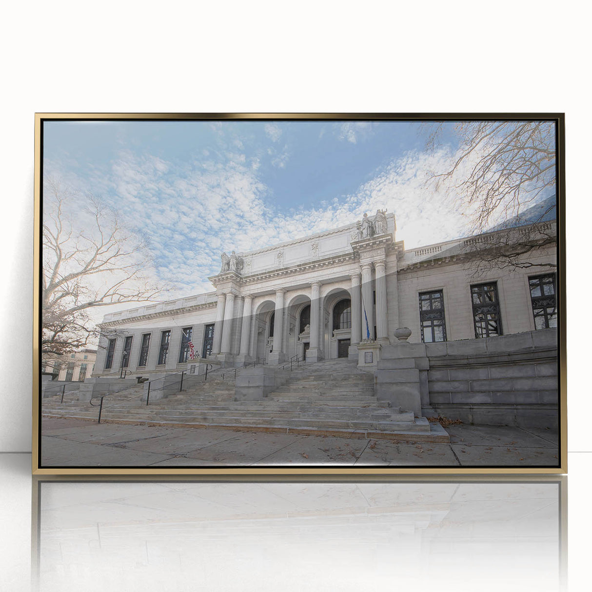 Large art print of a Connecticut landscape in muted green and blue tones, framed in gold acrylic.