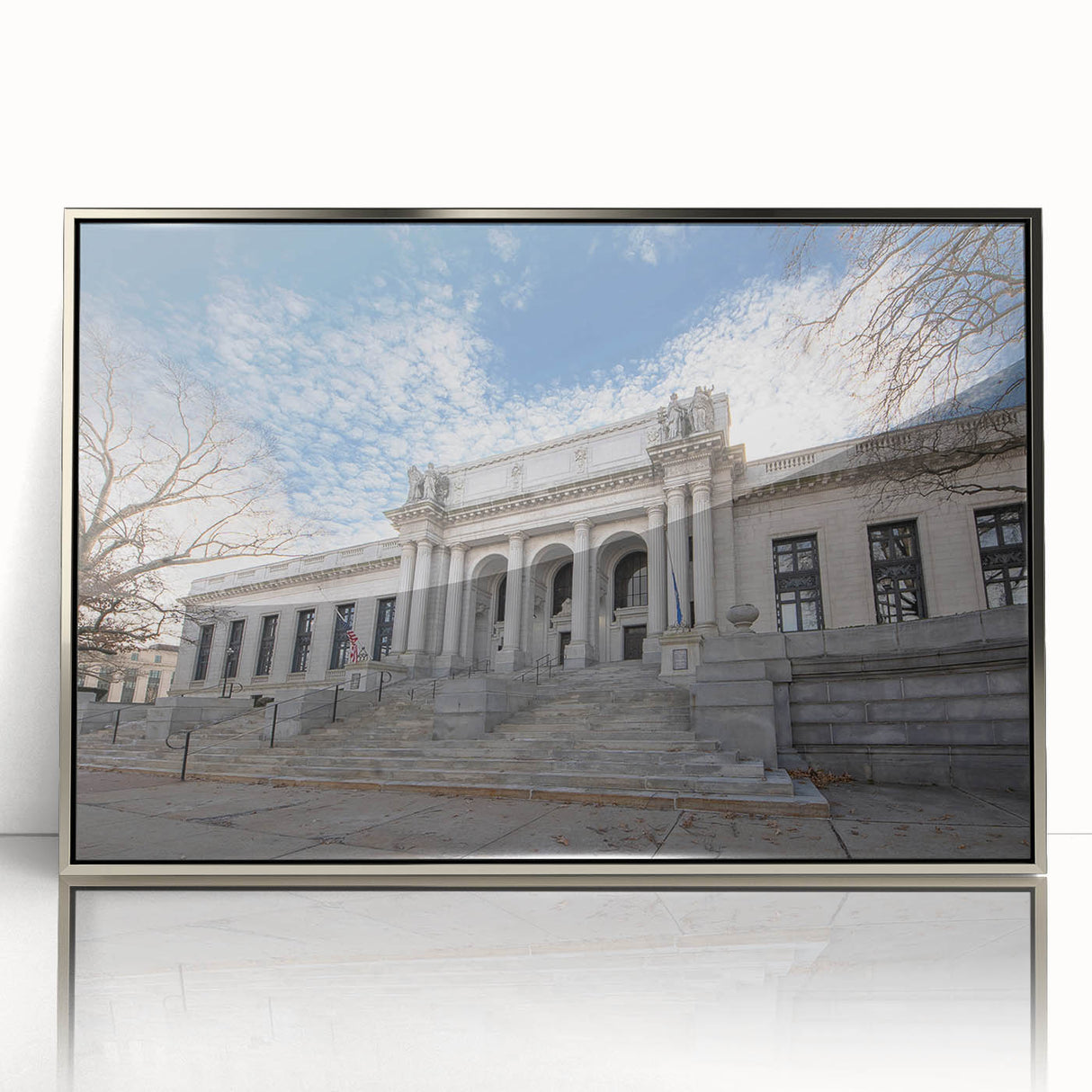 Mid-century modernist art depicting Connecticut scenery in muted earth tones on a framed acrylic print.