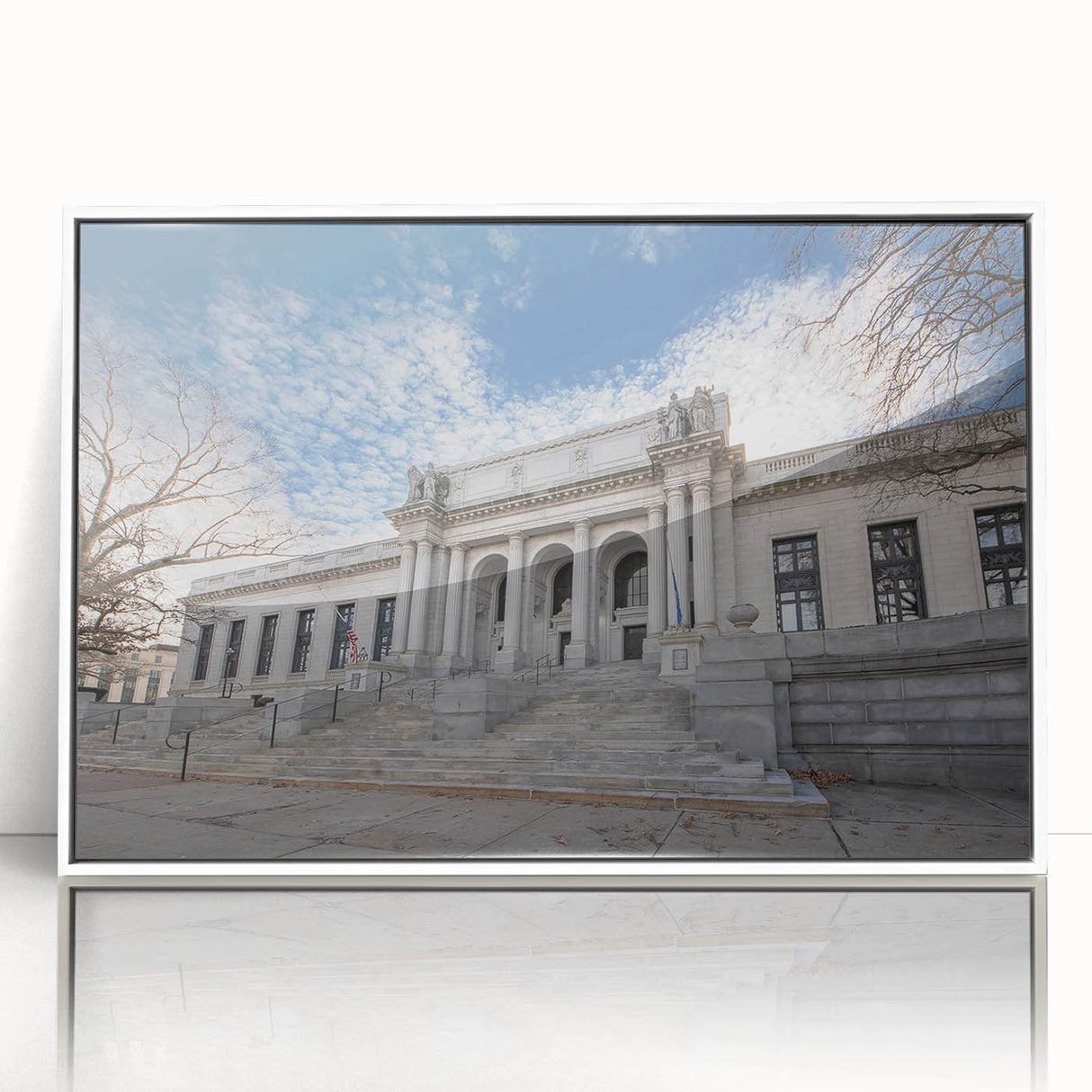 Art deco poster of Connecticut scenery in muted blue tones, framed in white acrylic, ideal for nursery wall art.
