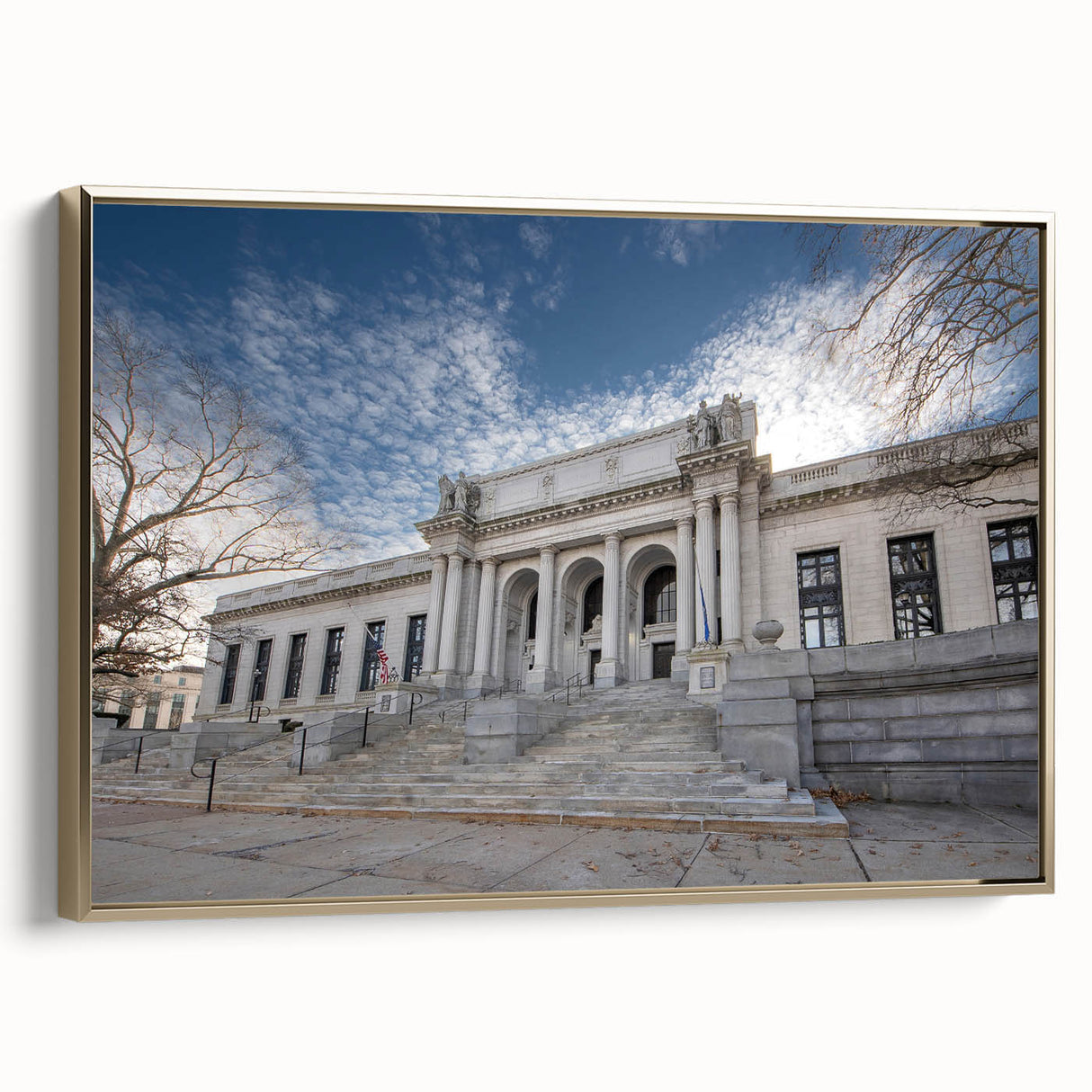 Framed canvas depicting a serene Connecticut landscape in muted earth tones, ideal for bedroom wall decor.