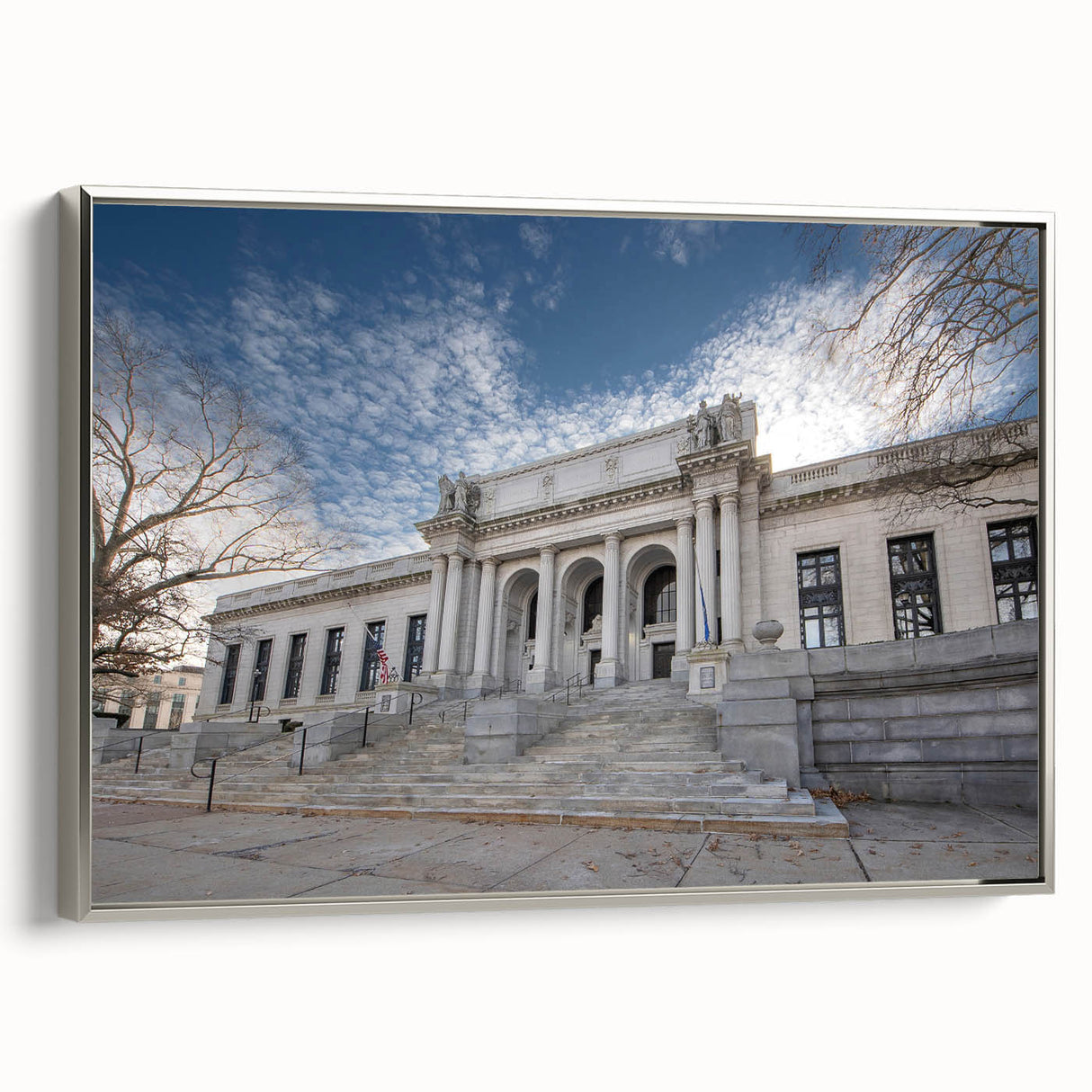 Landscape art painting of Connecticut scenery on framed canvas with a vintage poster style in black and colorful art tones.