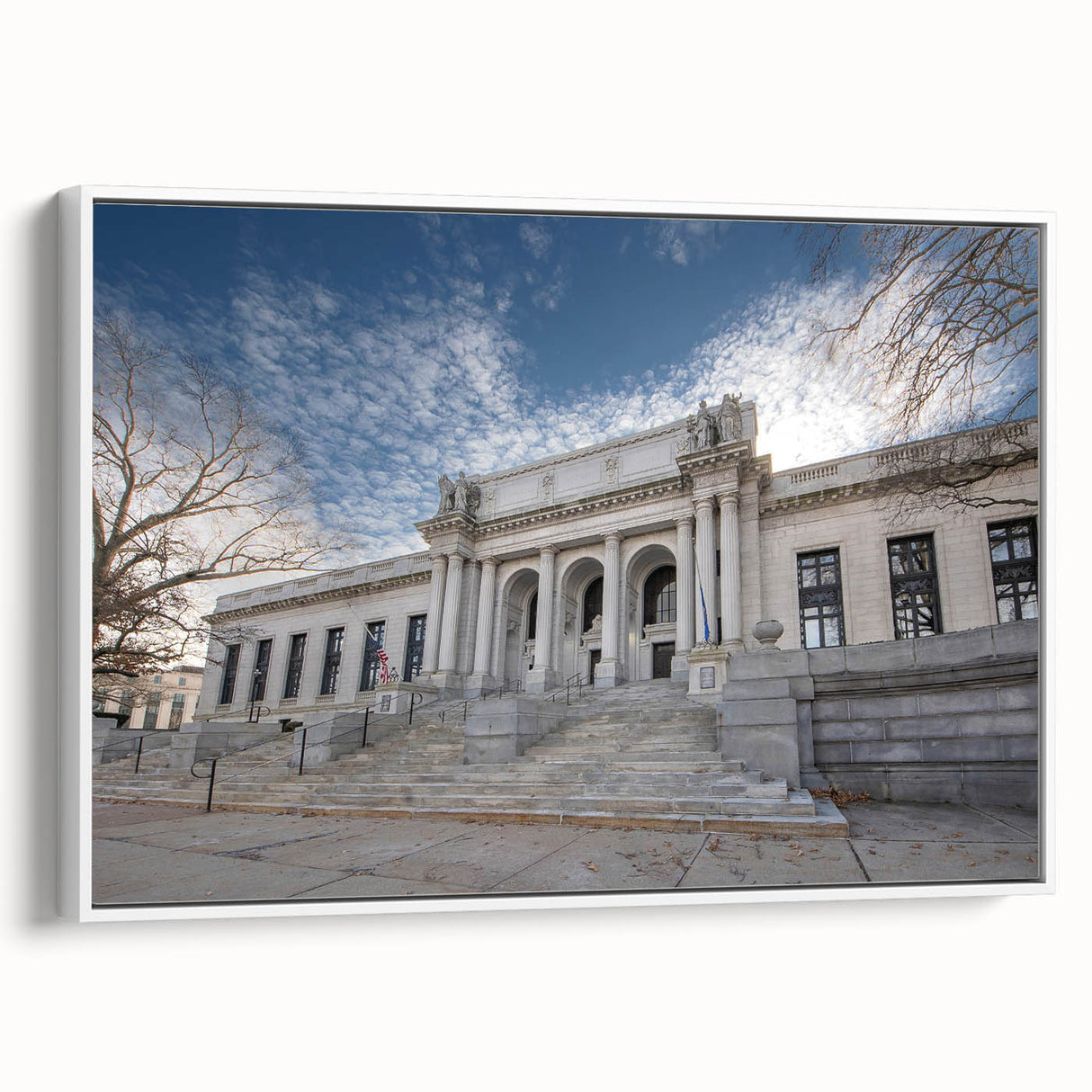 Vintage poster art of Connecticut scenery on a framed canvas, featuring vibrant colorful accents.
