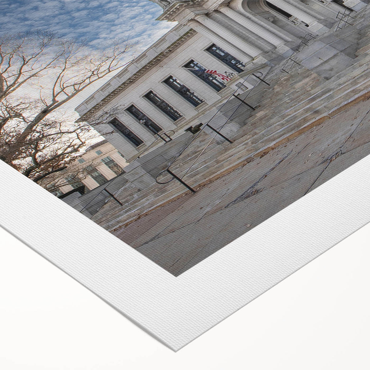 Art deco poster featuring a serene Connecticut landscape in muted green and blue tones on rolled canvas.