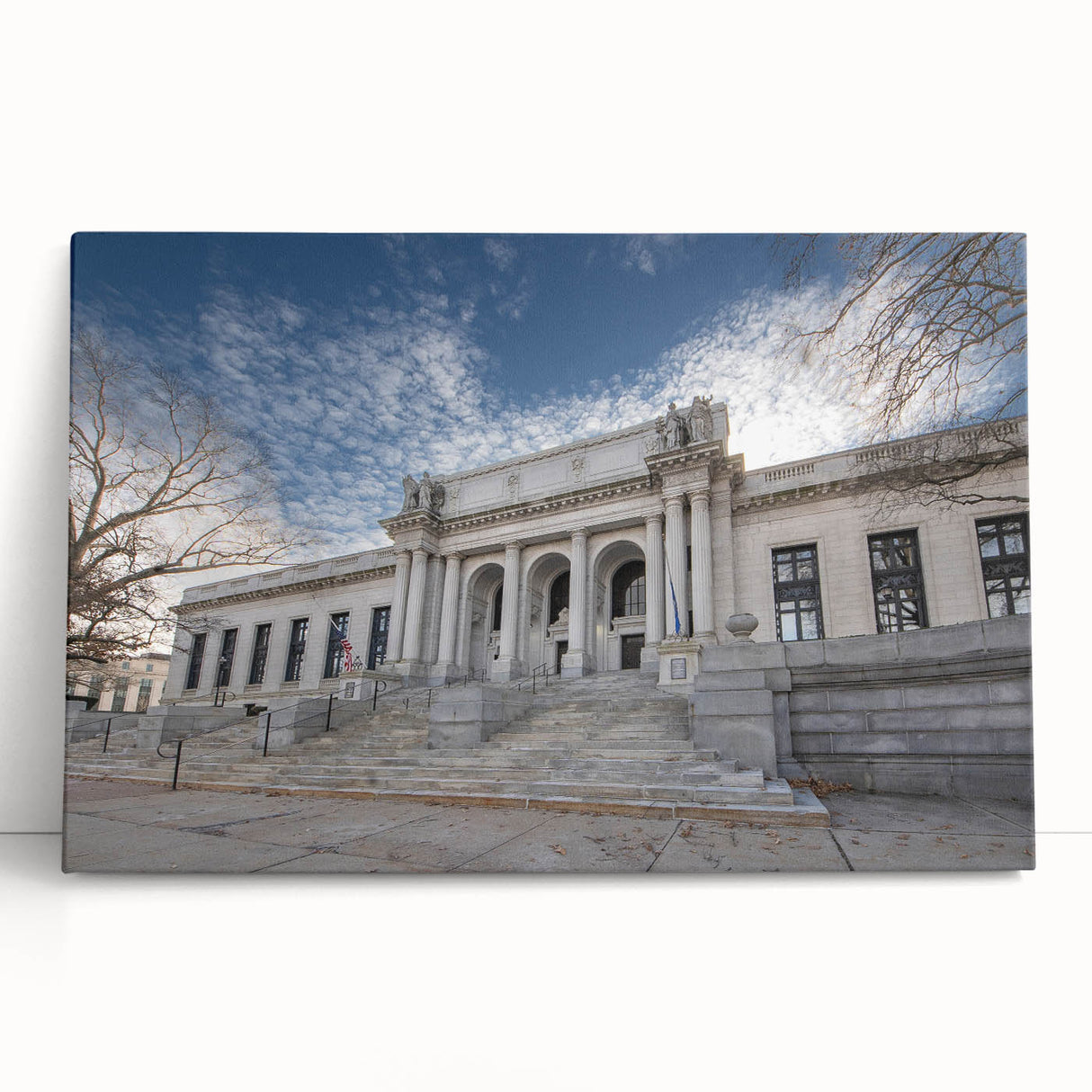 Black and white stretched canvas featuring a serene Connecticut landscape, ideal for kitchen wall art or bedroom decor.