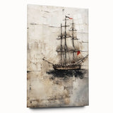 Large abstract wall art featuring a mid-century modernist ship design in muted blues and grays on acrylic glass.