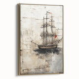 Vintage poster art of a ship in black and gold on framed canvas, ideal for bedroom wall decor.