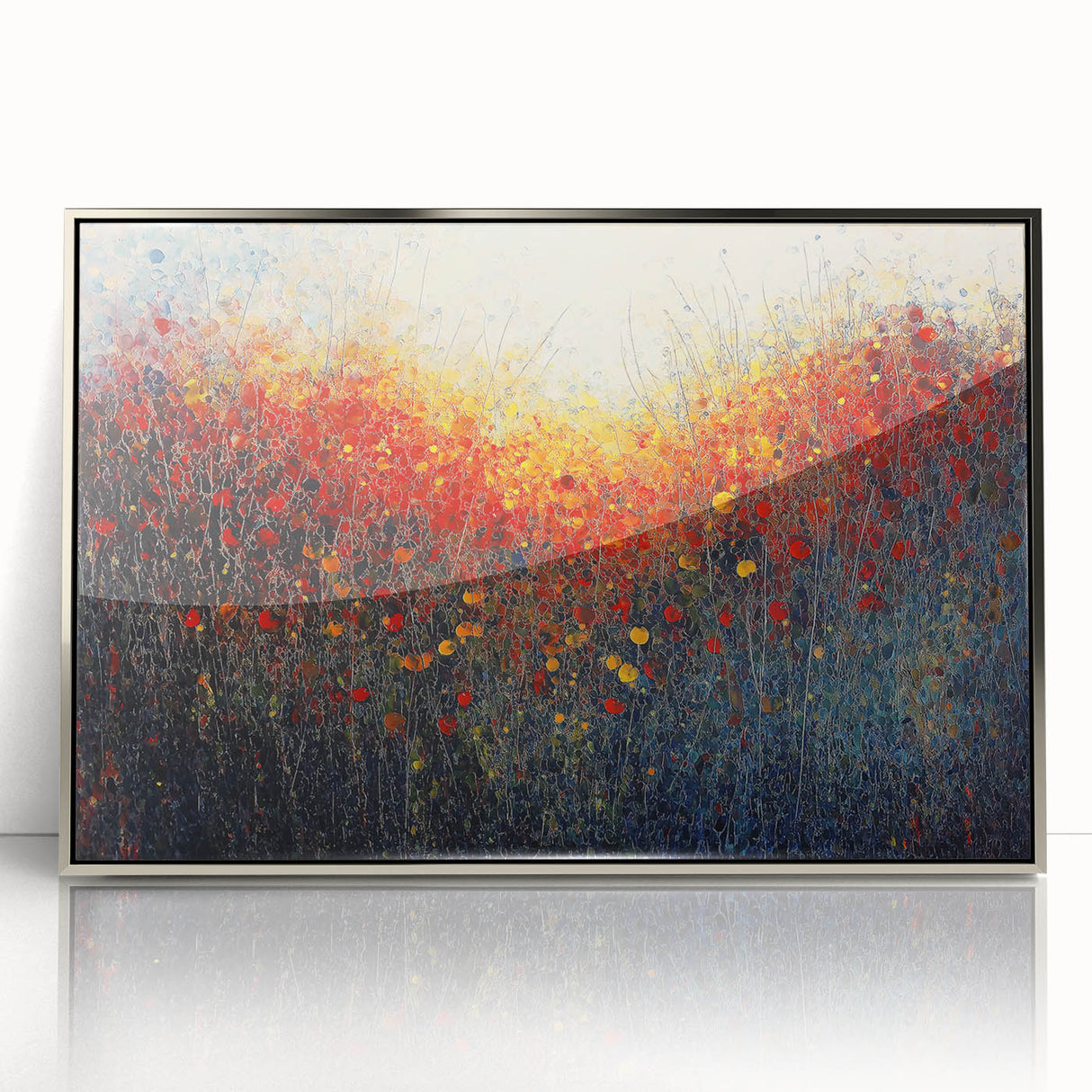 Framed acrylic artwork showcasing an abstract floral design in vibrant colors, featuring delicate brush strokes and a sleek silver frame, perfect for modern decor.