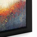 Abstract floral design in vibrant colors, featuring intricate brushstrokes and textures, displayed in a close-up view of a framed canvas artwork. Ideal for modern home decor or art enthusiasts seeking a colorful accent piece.
