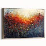 Framed canvas artwork showcasing an abstract floral design with vibrant colors and gold accents, viewed from the side to highlight its depth and texture. Ideal for enhancing modern home decor.