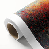 Abstract floral design on rolled canvas showcasing vibrant colors and intricate patterns, ideal for home décor, presented in a protective cardboard tube.