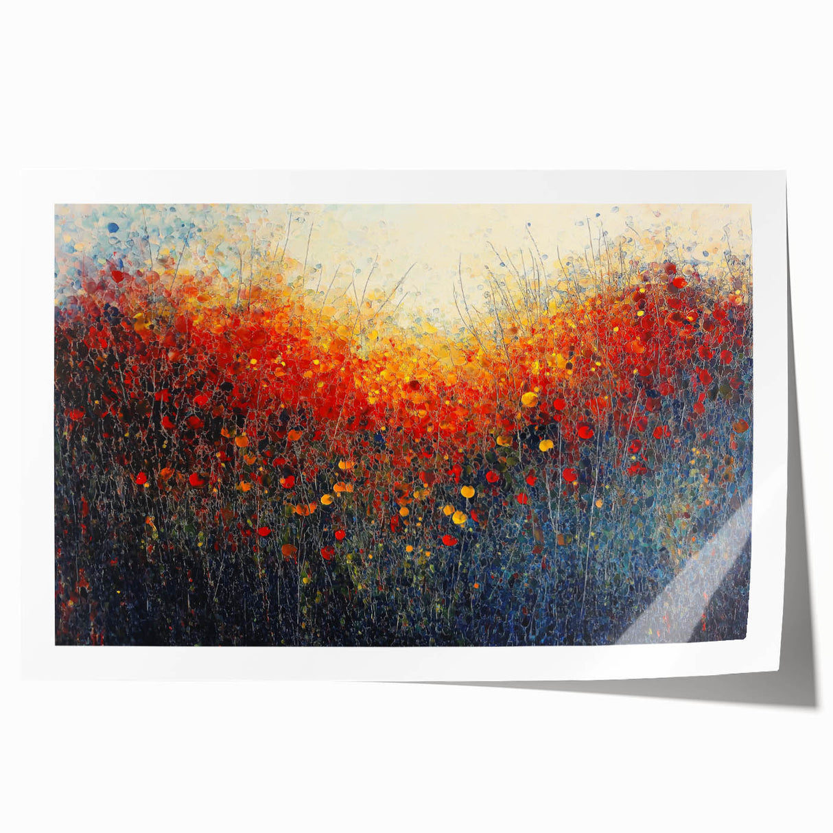 Vibrant abstract floral design rolled canvas print showcasing colorful blooms in shades of pink, blue, and green, perfect for modern home decor.
