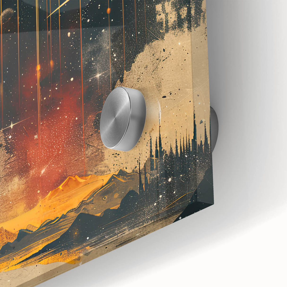 Close-up of abstract minimalist wall art featuring vibrant colors and geometric shapes on acrylic glass, showcasing a modern design ideal for contemporary decor.