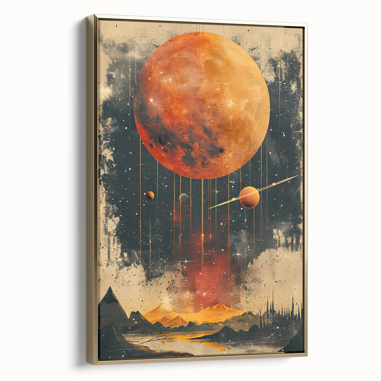 Framed canvas wall art displaying a minimalist abstract design in gold tones, showcasing a sleek side view against a neutral background, ideal for modern decor.
