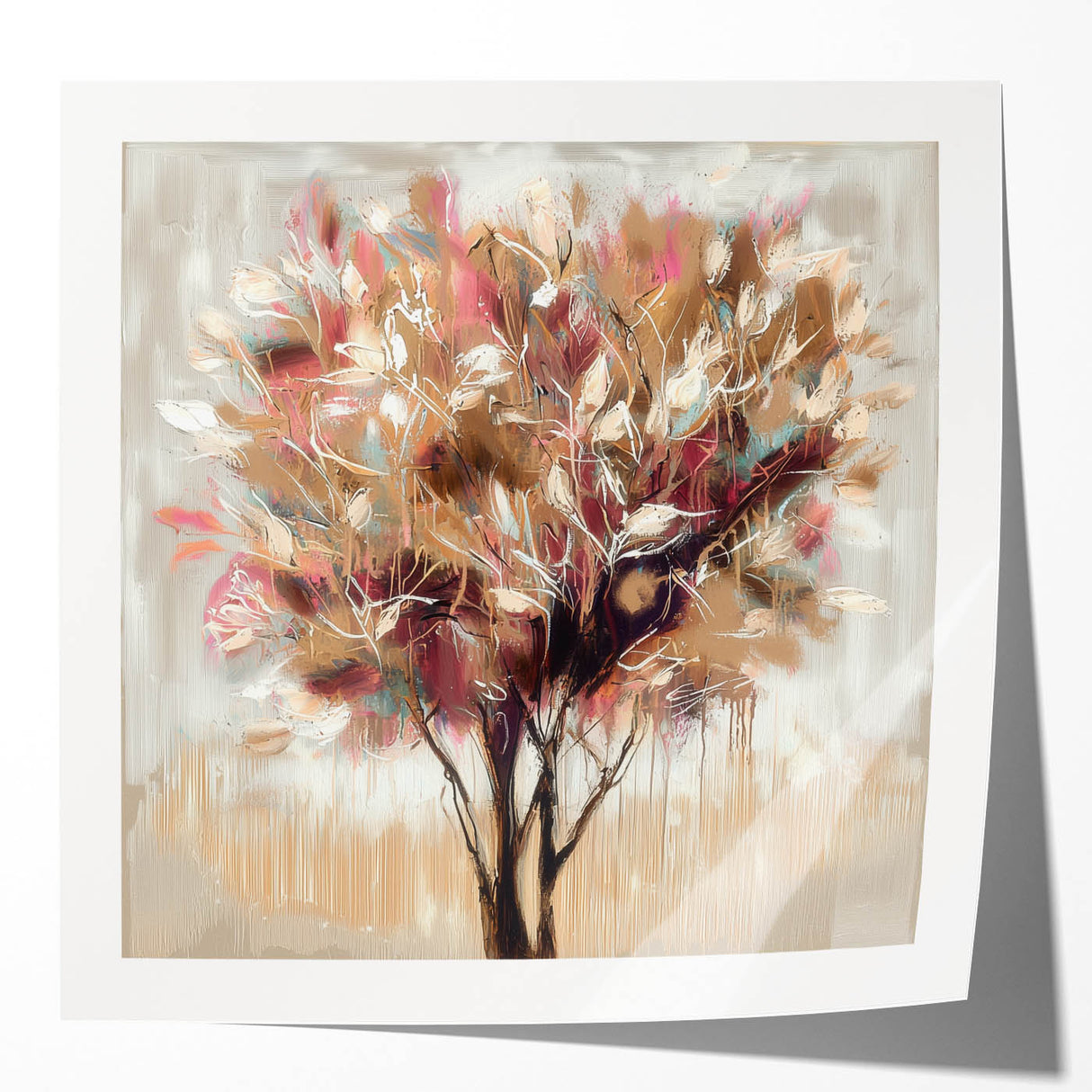 Abstract floral design print showcasing vibrant colors on a glossy surface, ideal for home decor. The mockup illustrates the artwork's elegance and modern appeal.