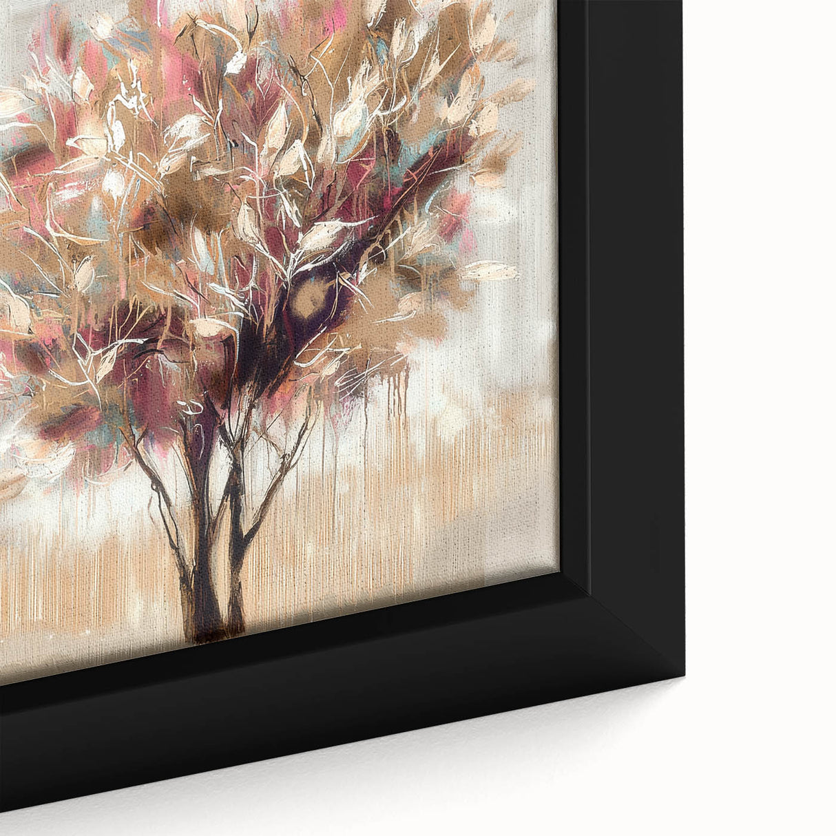 Close-up of a vibrant abstract floral design on a framed canvas, showcasing intricate details in blue, pink, and gold hues, perfect for modern home decor.