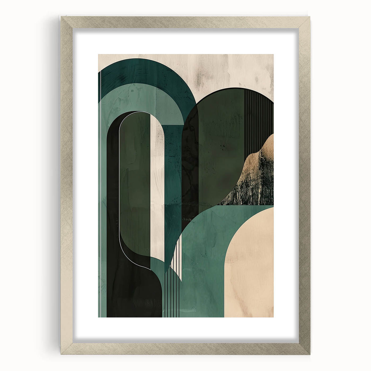 Abstract minimalist wall art framed in silver with a mat, showcasing a geometric design featuring soft pastel colors, ideal for modern home decor.