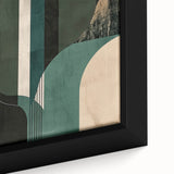 Abstract minimalist wall art featuring soft beige and taupe tones in a sleek wooden frame, highlighting geometric shapes and subtle textures for a modern interior aesthetic.