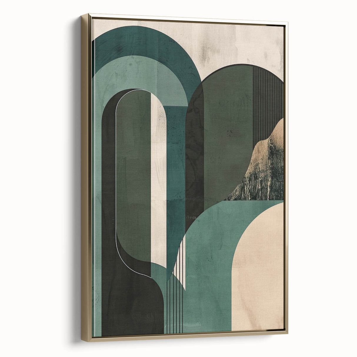 Framed minimalist wall art canvas featuring an abstract gold design, showcasing a sleek side view that highlights its elegant texture and modern aesthetic. Perfect for contemporary decor.
