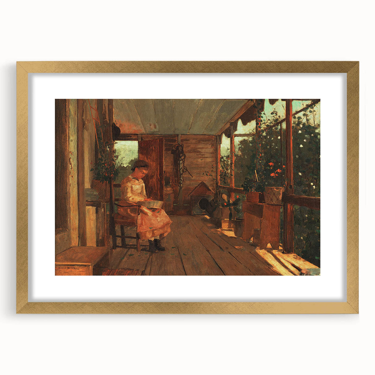 Realism Art Canvas: Girl Shelling Peas on a Porch Realism Wall Art