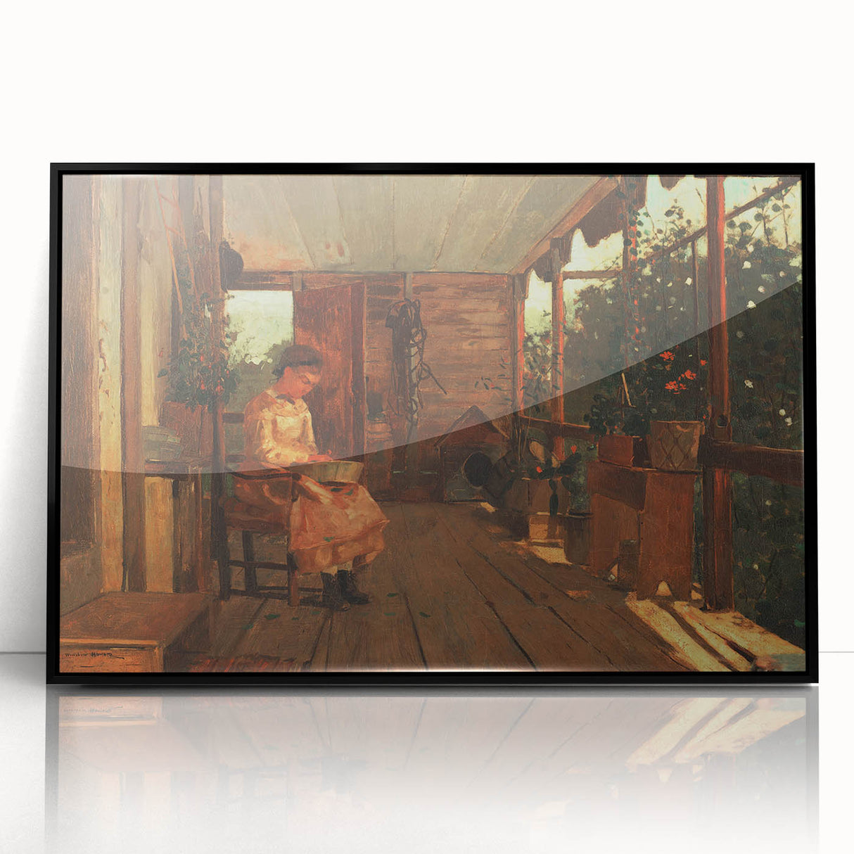 Realism Art Canvas: Girl Shelling Peas on a Porch Realism Wall Art