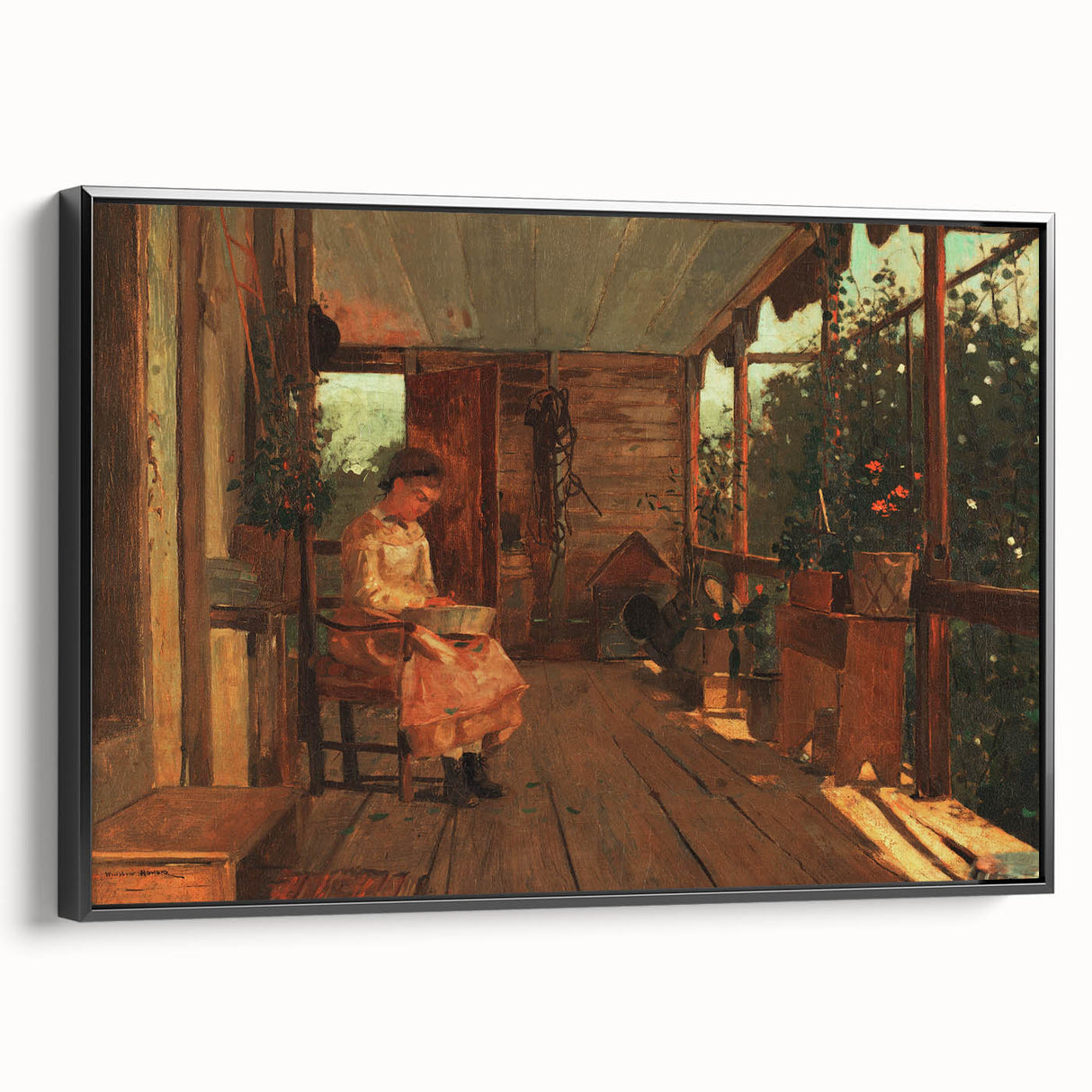 Realism Art Canvas: Girl Shelling Peas on a Porch Realism Wall Art