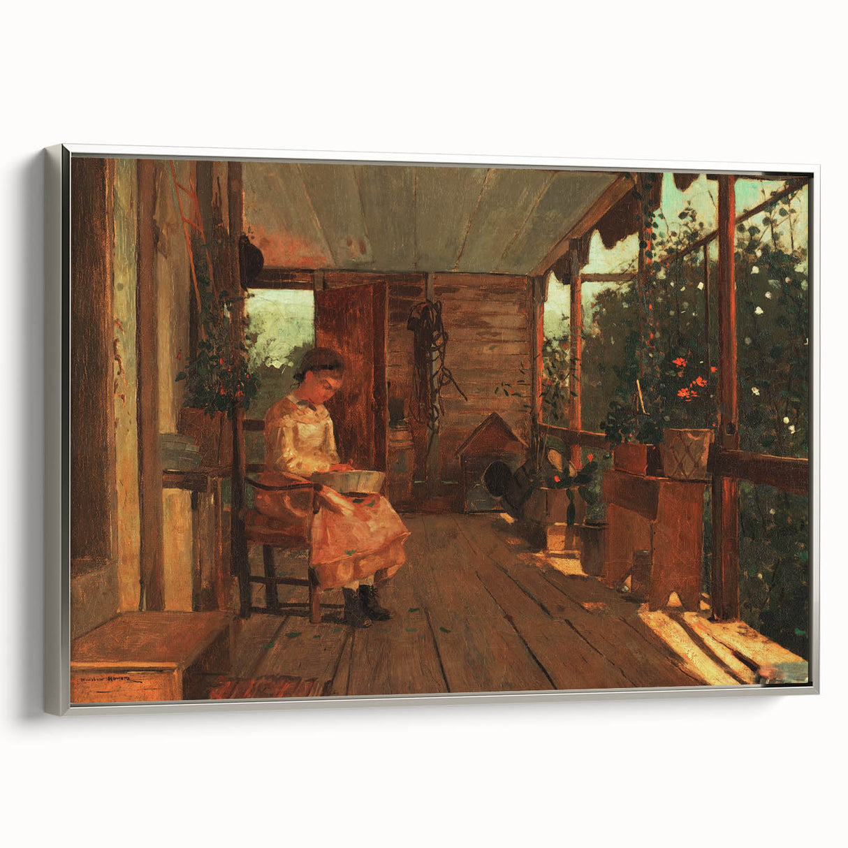 Realism Art Canvas: Girl Shelling Peas on a Porch Realism Wall Art