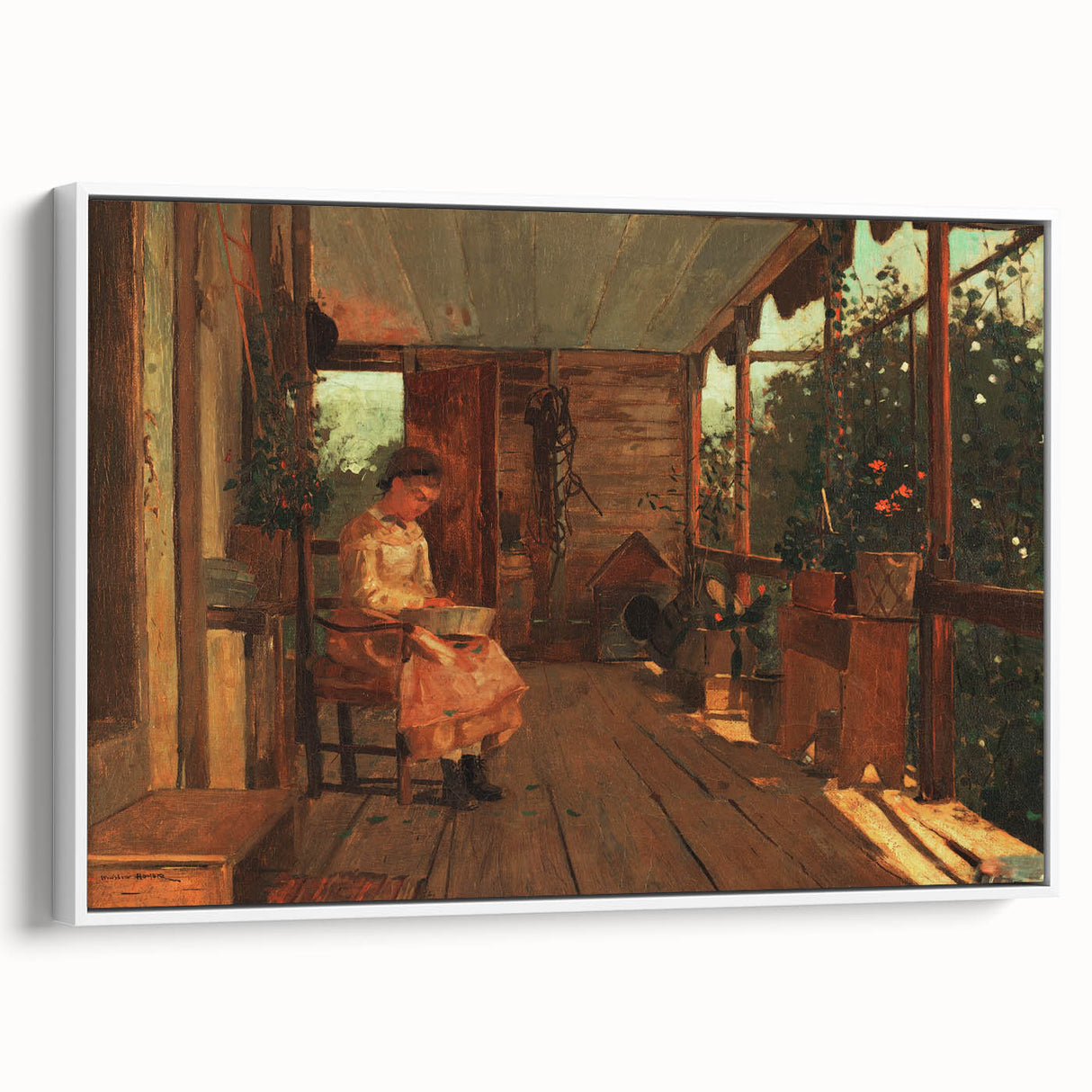 Realism Art Canvas: Girl Shelling Peas on a Porch Realism Wall Art