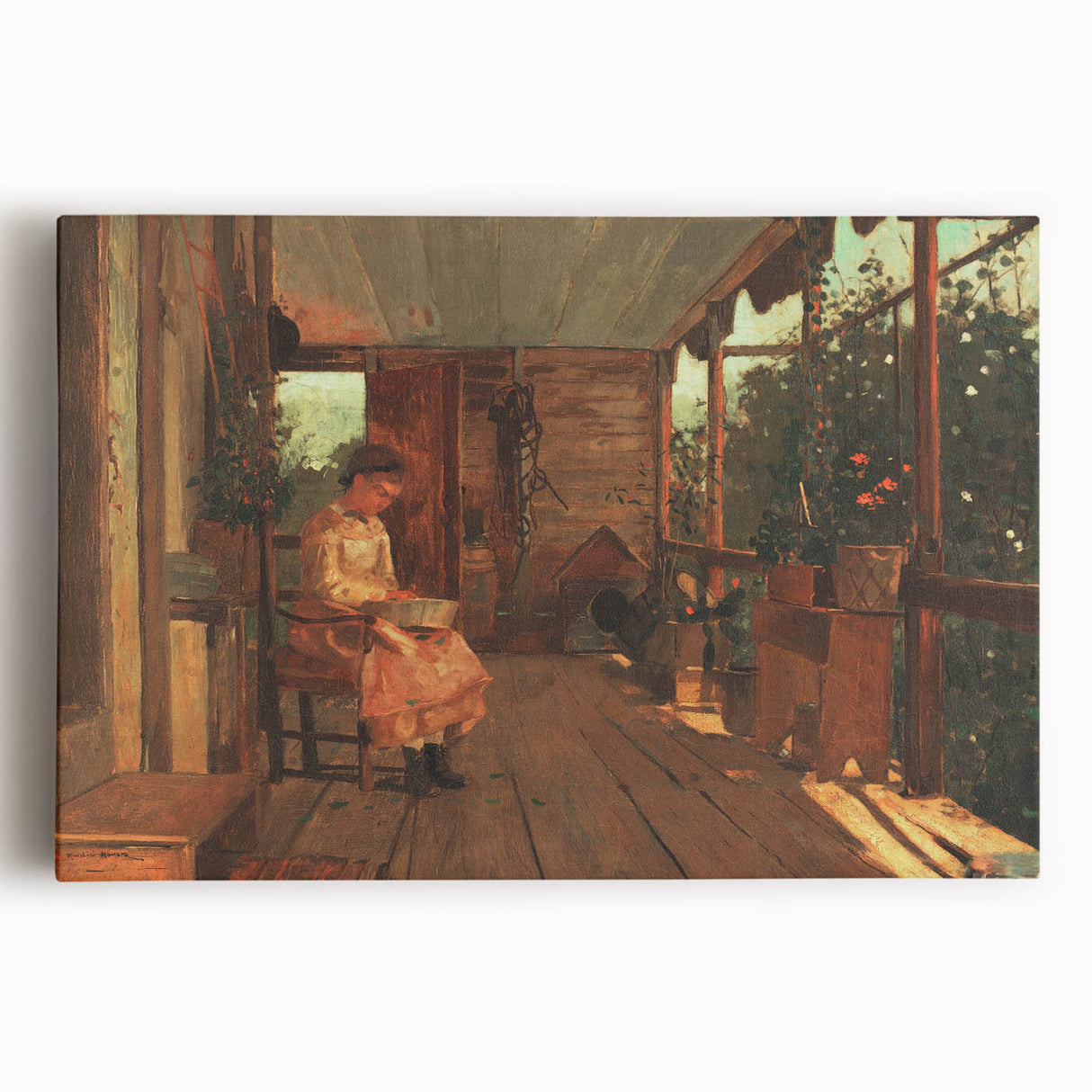 Realism Art Canvas: Girl Shelling Peas on a Porch Realism Wall Art
