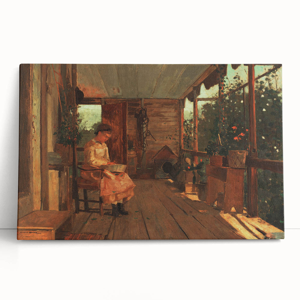 Realism Art Canvas: Girl Shelling Peas on a Porch Realism Wall Art