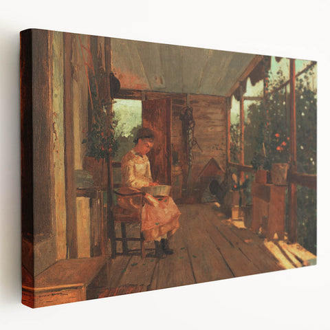 Realism Art Canvas: Girl Shelling Peas on a Porch Realism Wall Art