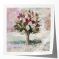 Abstract floral design print featuring vibrant colors and intricate patterns, displayed in a glossy finish, perfect for modern home decor and artistic settings.