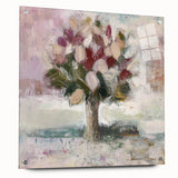 Abstract floral acrylic glass artwork displayed in a side view, showcasing vibrant colors and intricate designs, secured with decorative pins for a modern aesthetic.