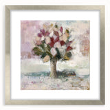 Abstract floral frame with a silver mat, showcasing vibrant colors and intricate patterns, perfect for modern home decor or art displays. Ideal for adding elegance to any space.