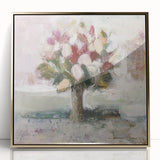 Framed acrylic artwork featuring an abstract floral design in vibrant colors, set against a gold background, perfect for modern home decor.