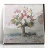 Framed acrylic artwork showcasing an abstract floral design with vibrant colors, set in a sleek silver frame, ideal for modern home decor.