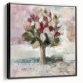 Framed canvas artwork showcasing abstract floral designs with vibrant colors and intricate details, set against a sleek black frame, enhancing modern decor.