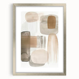 Abstract minimalist wall art framed in silver, featuring geometric shapes and soft color tones, ideal for modern home decor, showcasing elegance and simplicity.