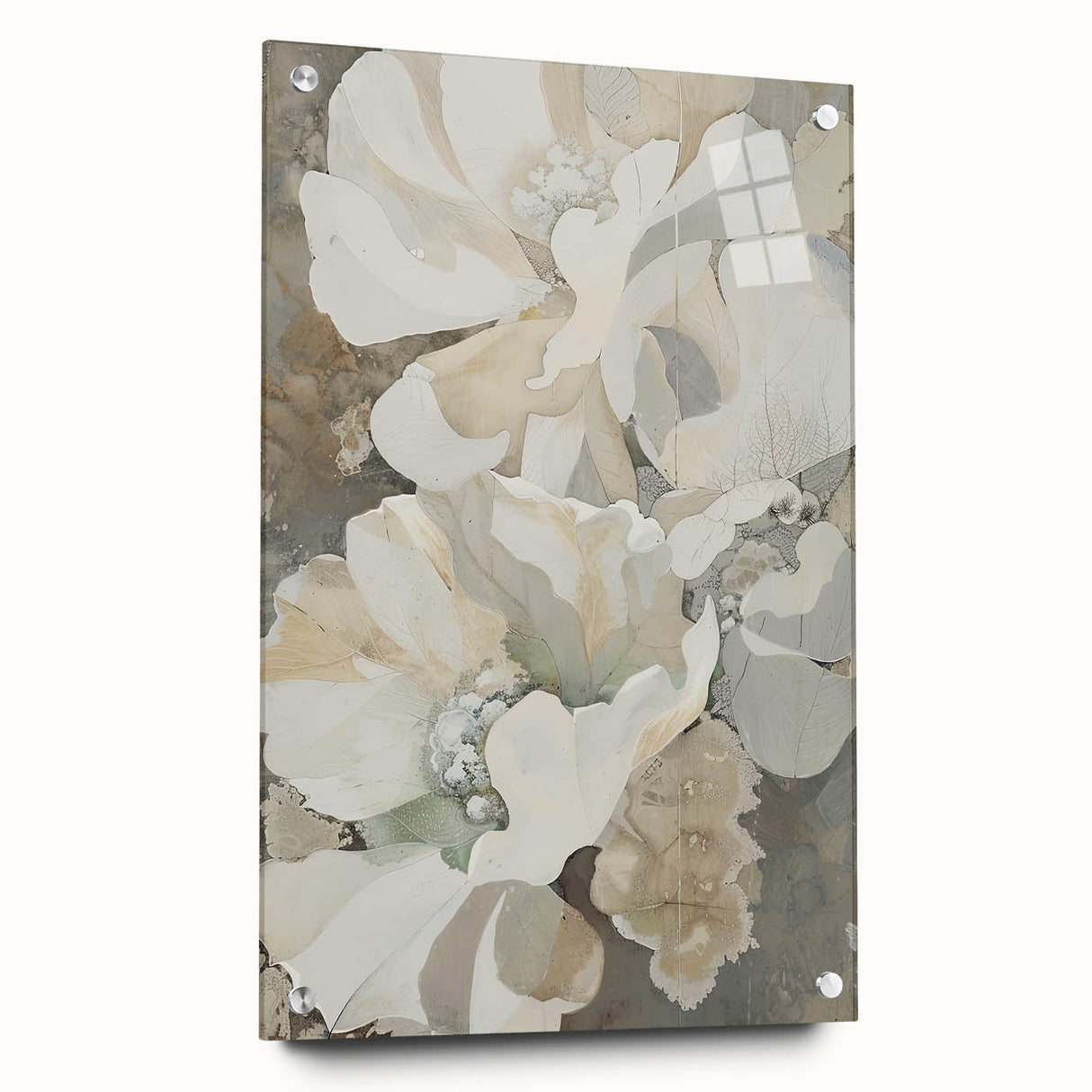 Abstract minimalist wall art displayed from a side view, showcasing vibrant colors and unique shapes, mounted with pins on an acrylic glass frame for a modern aesthetic.
