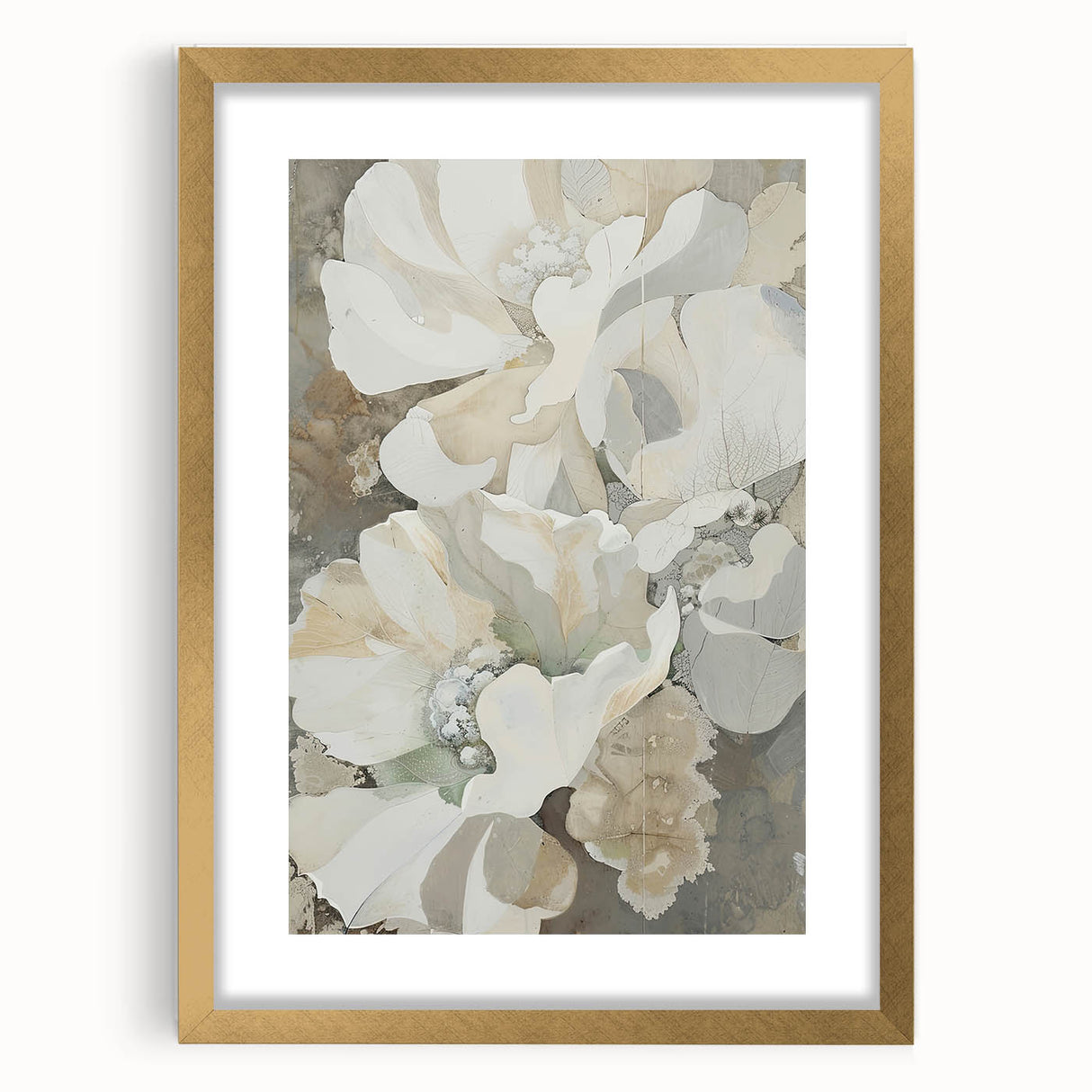 Abstract minimalist wall art framed in gold, showcasing soft pastel colors and geometric shapes, perfect for modern home decor. Ideal for living room or office spaces.