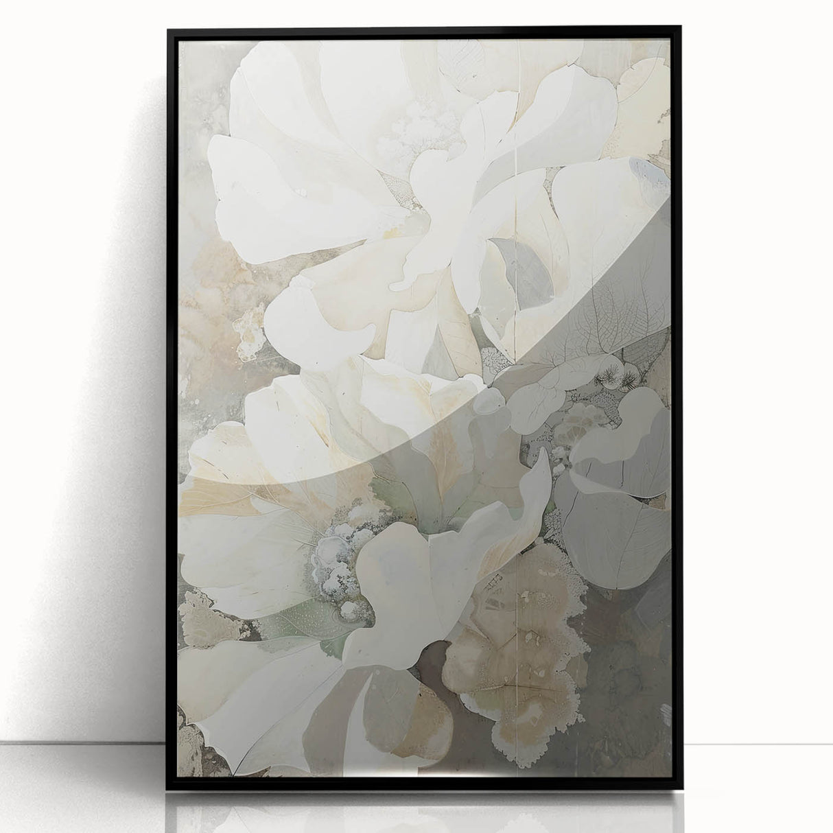 Framed minimalist wall art featuring an abstract design with black and white elements, showcased in an acrylic frame, perfect for modern home decor.