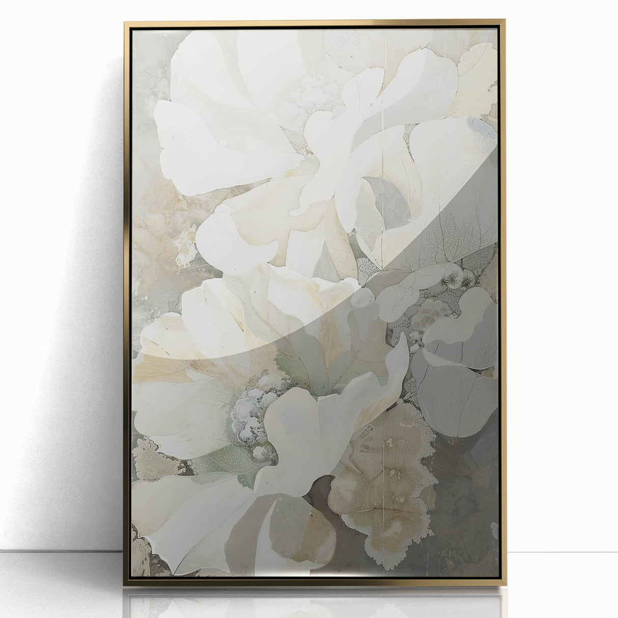 Framed abstract minimalist wall art featuring a gold acrylic design, perfect for modern home decor. The artwork displays elegant lines and subtle textures, enhancing any interior setting.