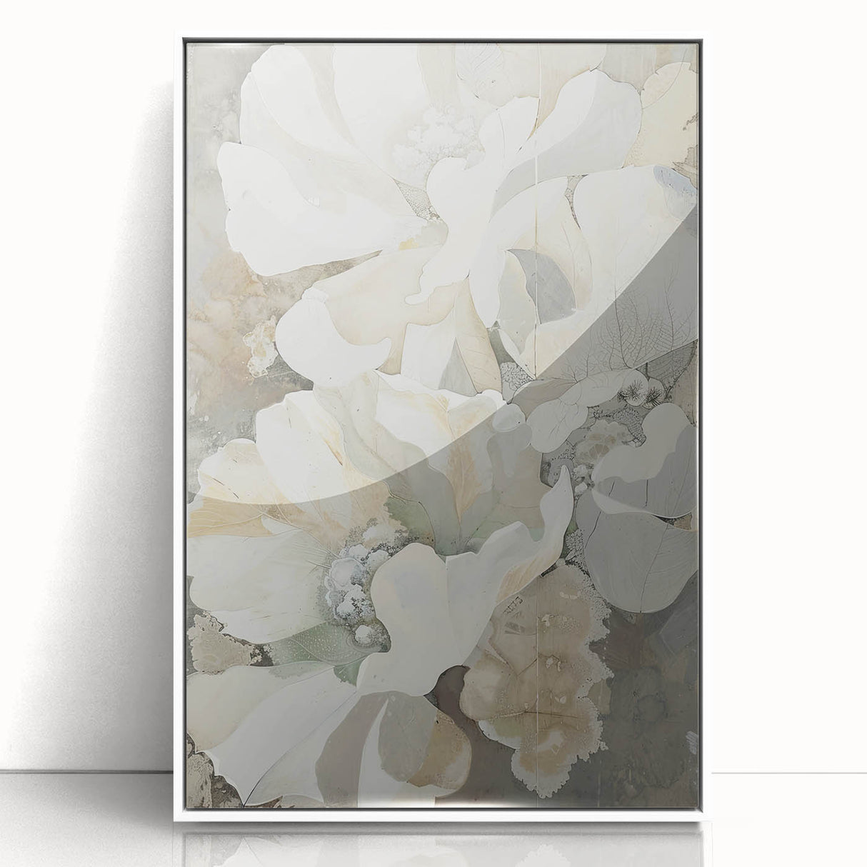 Abstract minimalist wall art in a sleek white frame, showcasing soft pastel colors with geometric shapes, ideal for modern home decor. This piece adds a touch of elegance to any living space, enhancing its aesthetic appeal.