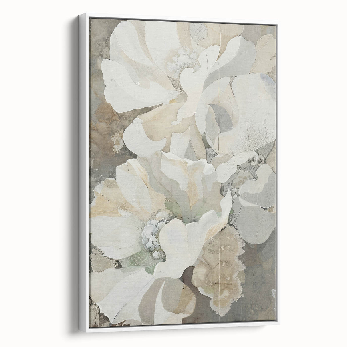 Abstract minimalist wall art in a white frame, showcasing soft pastel colors and geometric shapes, displayed at a slight angle to highlight its depth and texture.