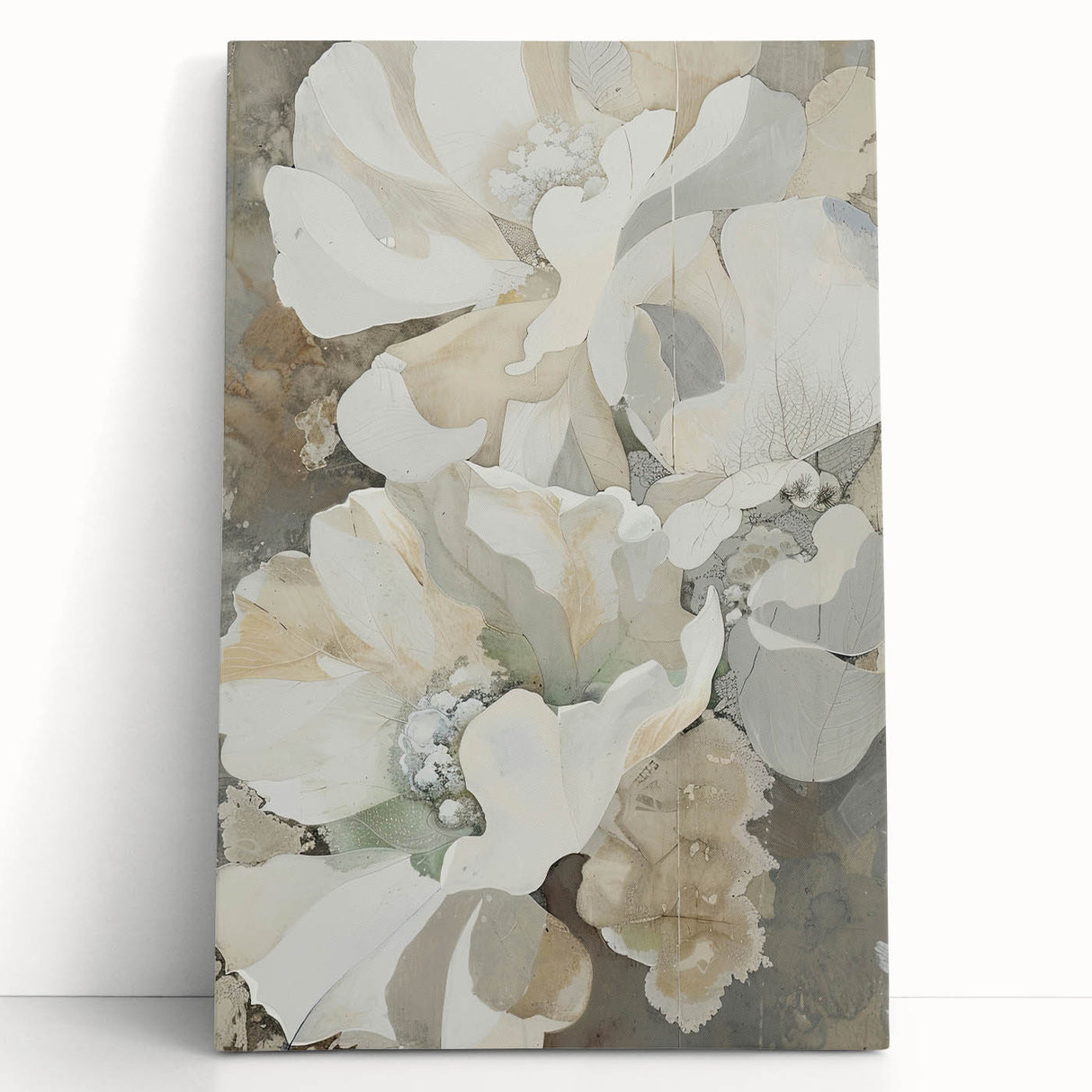 Abstract minimalist wall art on stretched canvas, featuring soft pastel colors and geometric shapes, leaning against a neutral wall for a modern aesthetic.