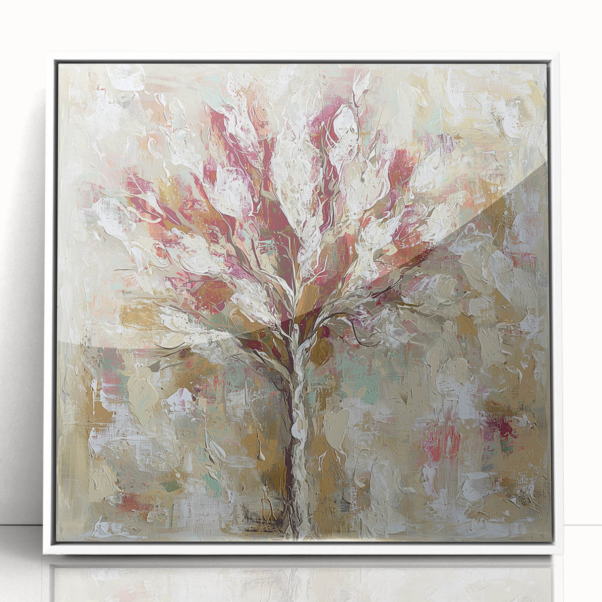 Framed abstract floral artwork with vibrant colors, set in a sleek white frame, showcasing a contemporary design ideal for modern home decor. Perfect for adding a touch of elegance to any room.