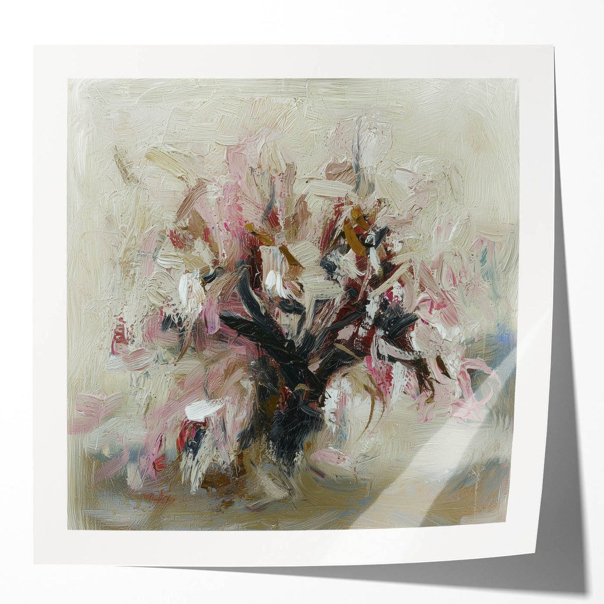 Glossy print mockup showcasing vibrant abstract floral designs in shades of pink, blue, and green, ideal for home decor and art enthusiasts. Perfect for marketing creative art prints.