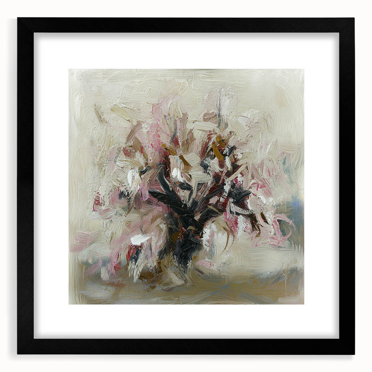 Abstract floral wall art framed in black, showcasing vibrant colors and intricate designs, perfect for modern home decor. Ideal for enhancing living spaces with elegance.