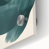 Close-up view of abstract minimalist wall art printed on acrylic glass, showcasing vibrant colors and smooth finish, ideal for modern decor.