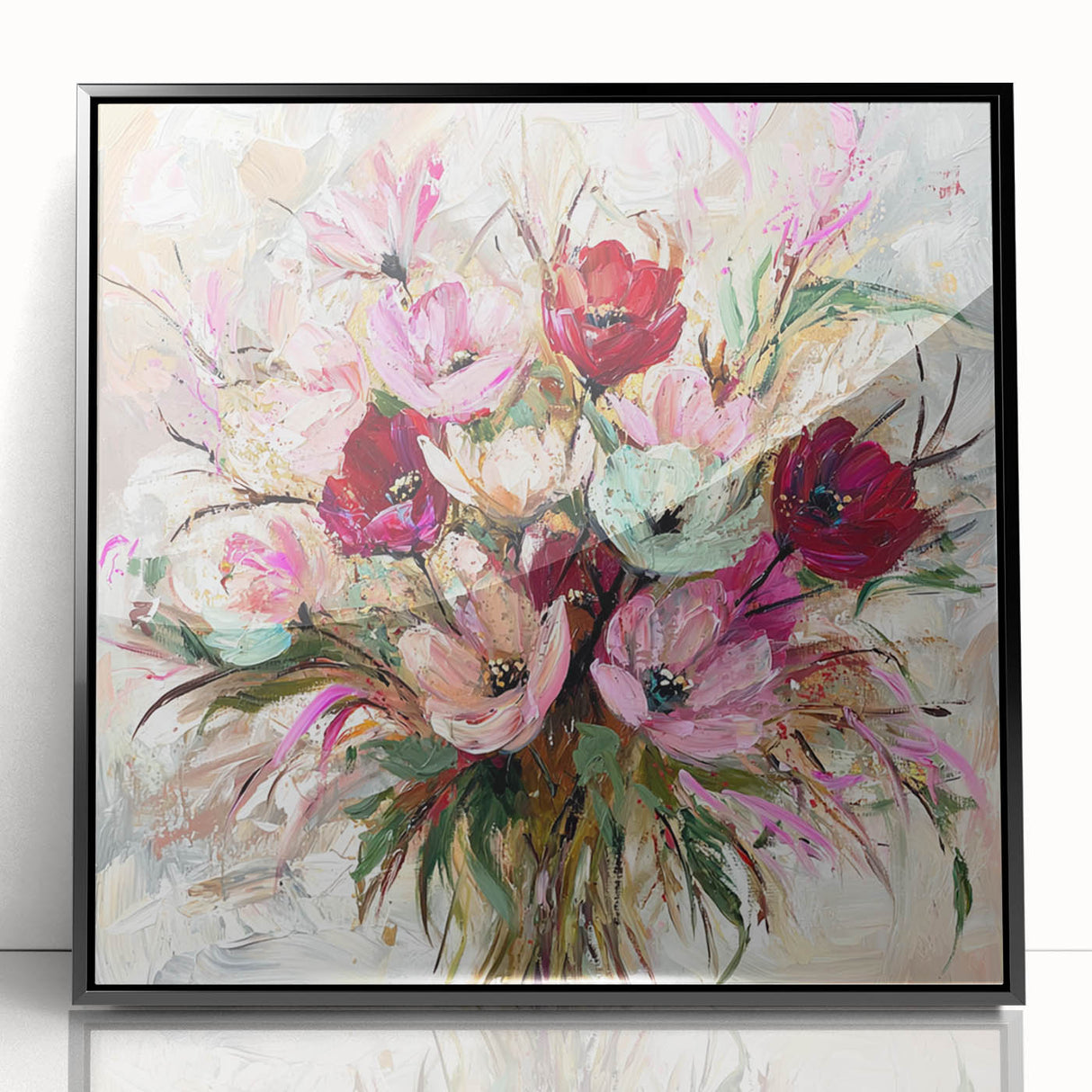 Framed acrylic artwork showcasing an abstract floral design with vibrant colors, set in a sleek black frame, perfect for modern home decor.